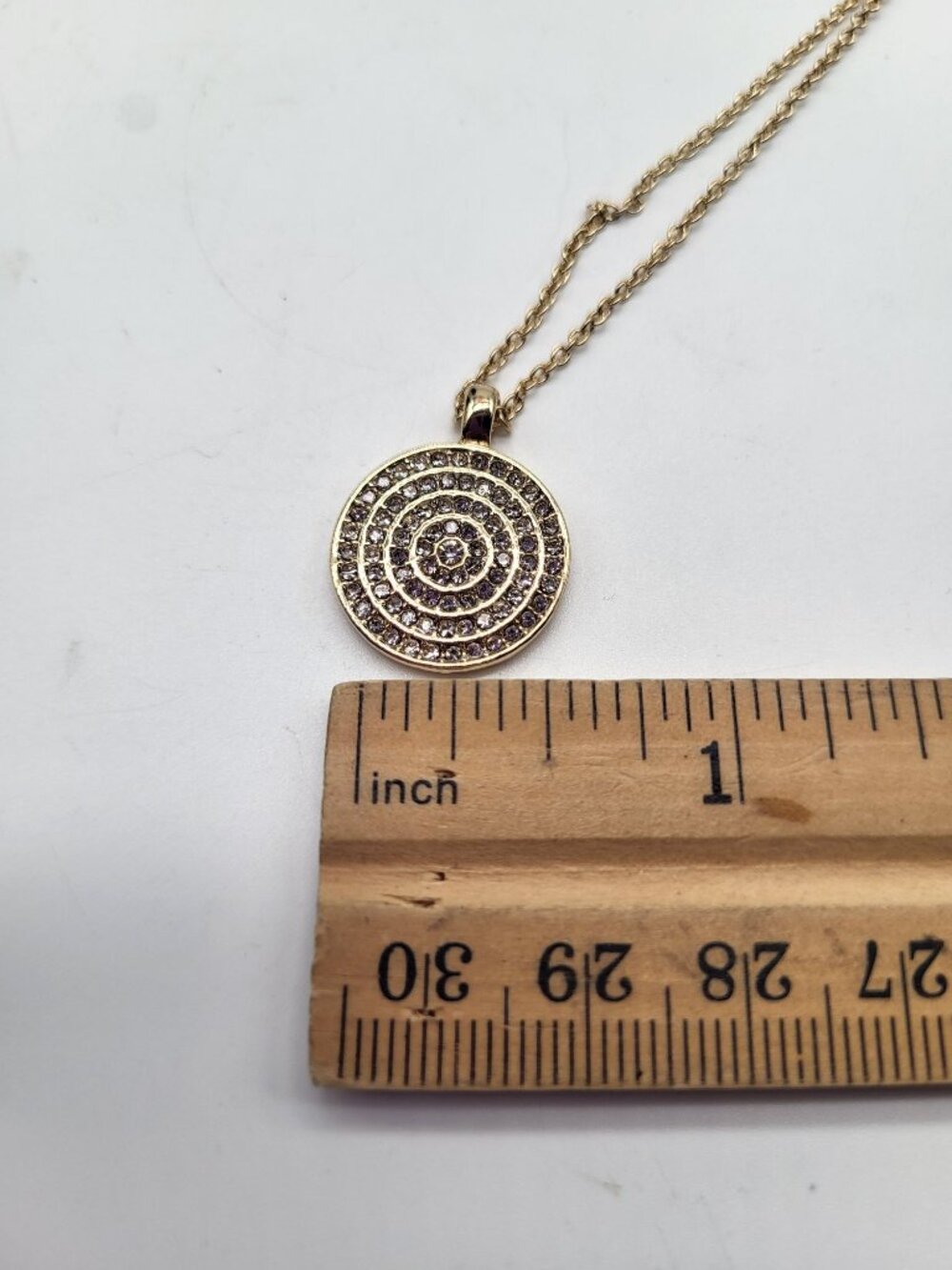 Gold Tone Medallion Pendant Necklace Spiral Circle with Rhinestones Minimalist C - Picture 7 of 10